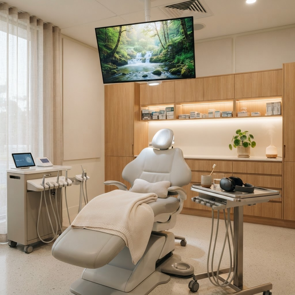 A calm dental treatment room with a ceiling screen, headphones, and a folded blanket on the chair